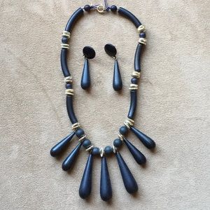 Vintage Black Beaded Necklace and Earrings with Silver Accents